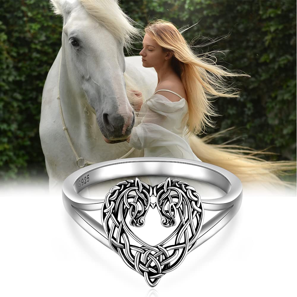 LOVGIFSET Celtic Horse Ring Celtic Knot Horse Wedding Rings for Women band Heart Sterling Silver Mustang Equestrian Jewelry Horses Lover Gifts Size 8