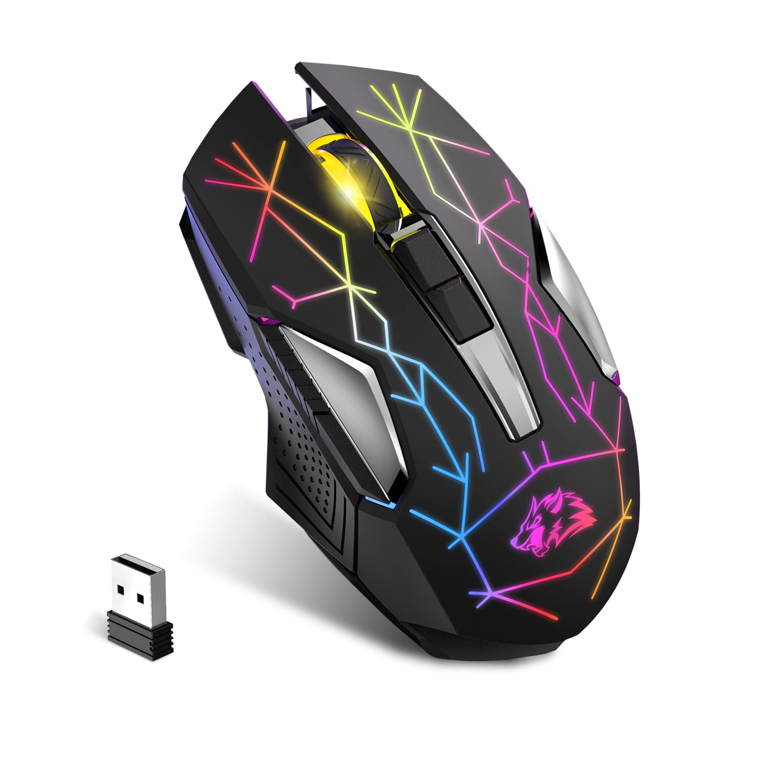 FELICON Wireless Gaming Mouse, Rechargeable Silent Click Adjustable DPI Optical Computer Mice, 2.4Ghz Wireless Mouse with Colorful LED Backlit for Windows/Mac/Linux/PC/Laptop(Star Black)