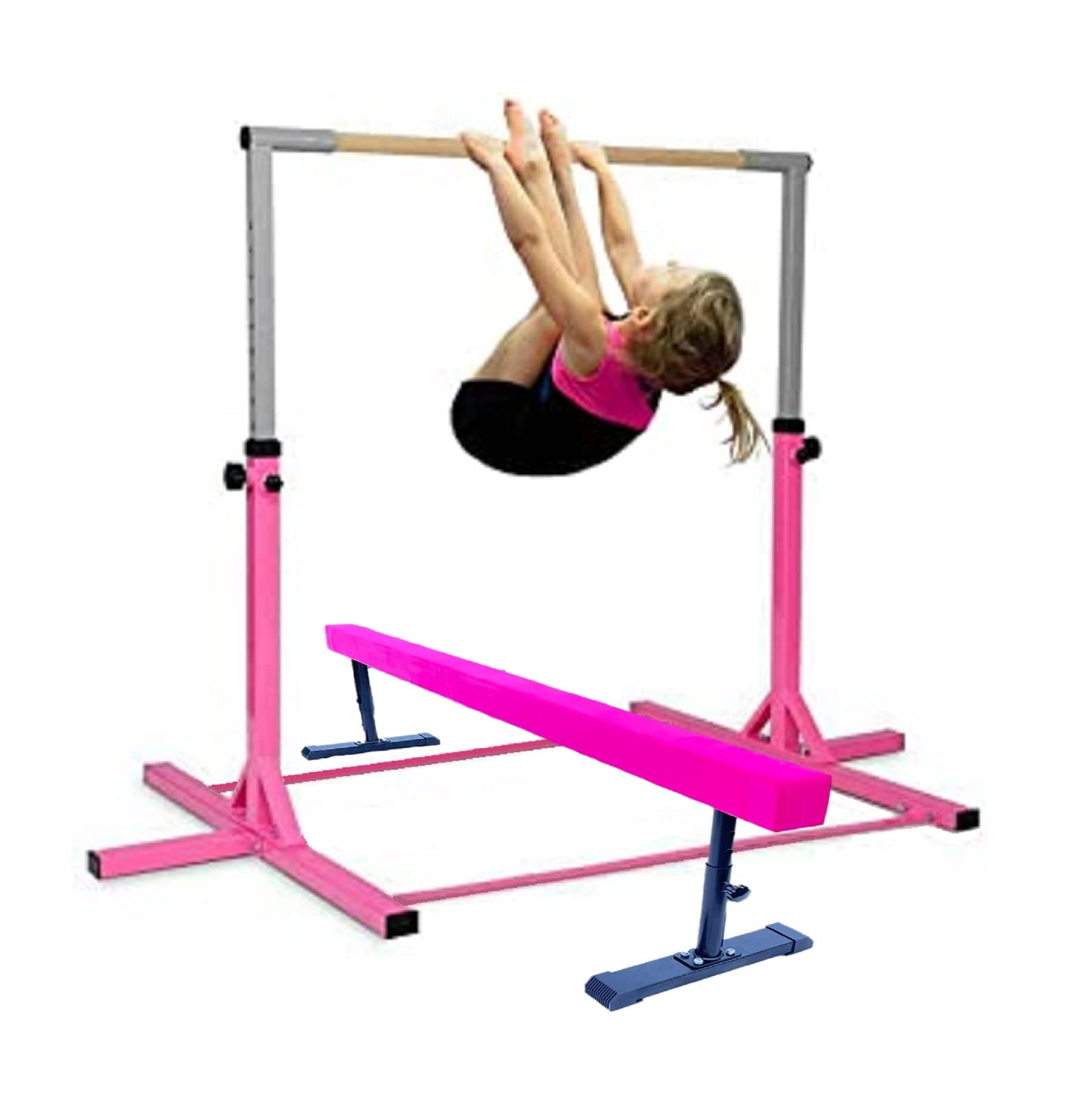 XDance Gymnastics Bar Kip Bar for Kids 3 in 1 Set with Adjustable Balance Tube, 6'x4' Tumble Mat, Expandable Height 3 to 5 FT Horizontal Bar Junior Gymnast Gymnastic Bar Asymmetric Bar Pink