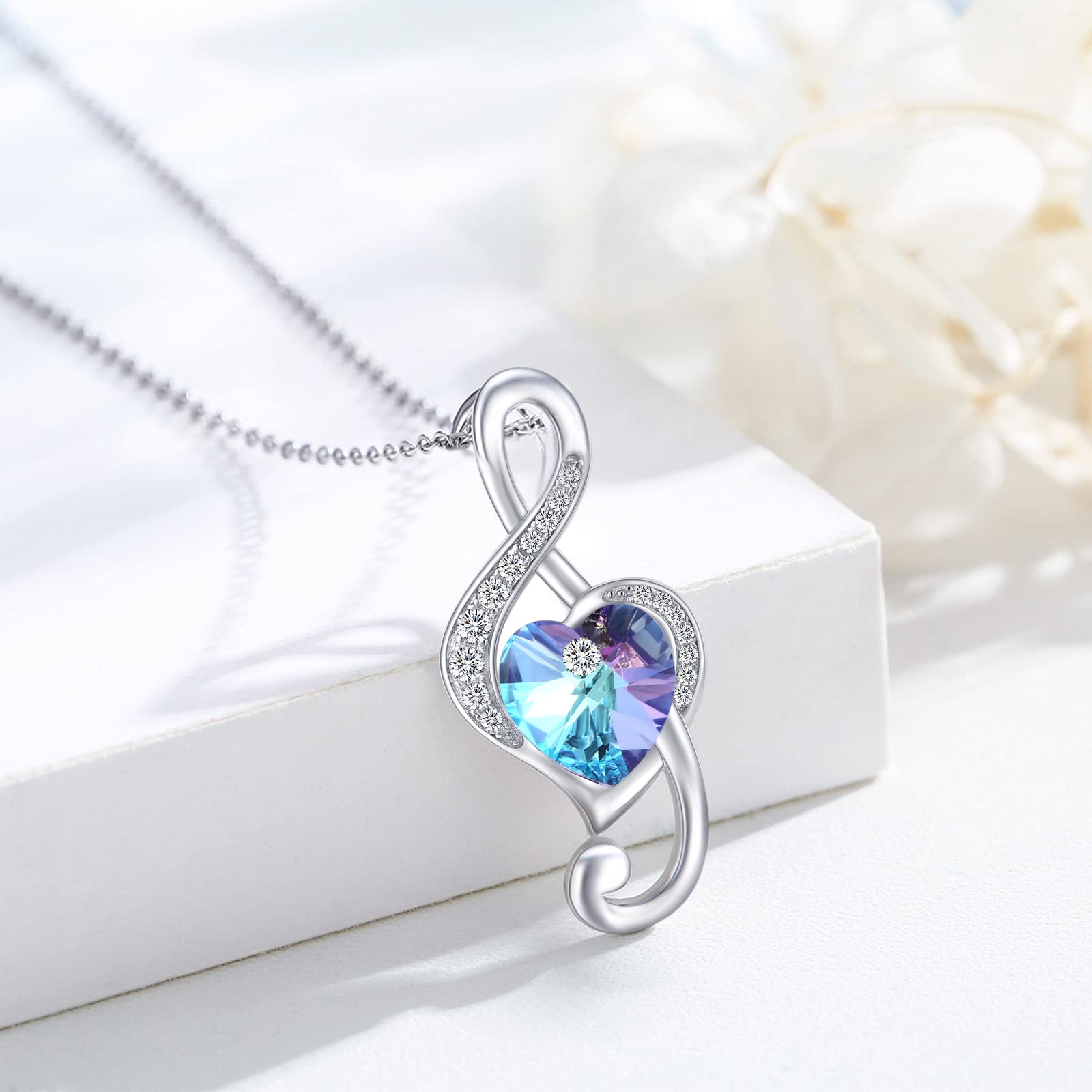 Music Necklace 925 Sterling Silver Music Note Pendant Austrian Crystal Heart Necklace Music Jewelry Gift for Women