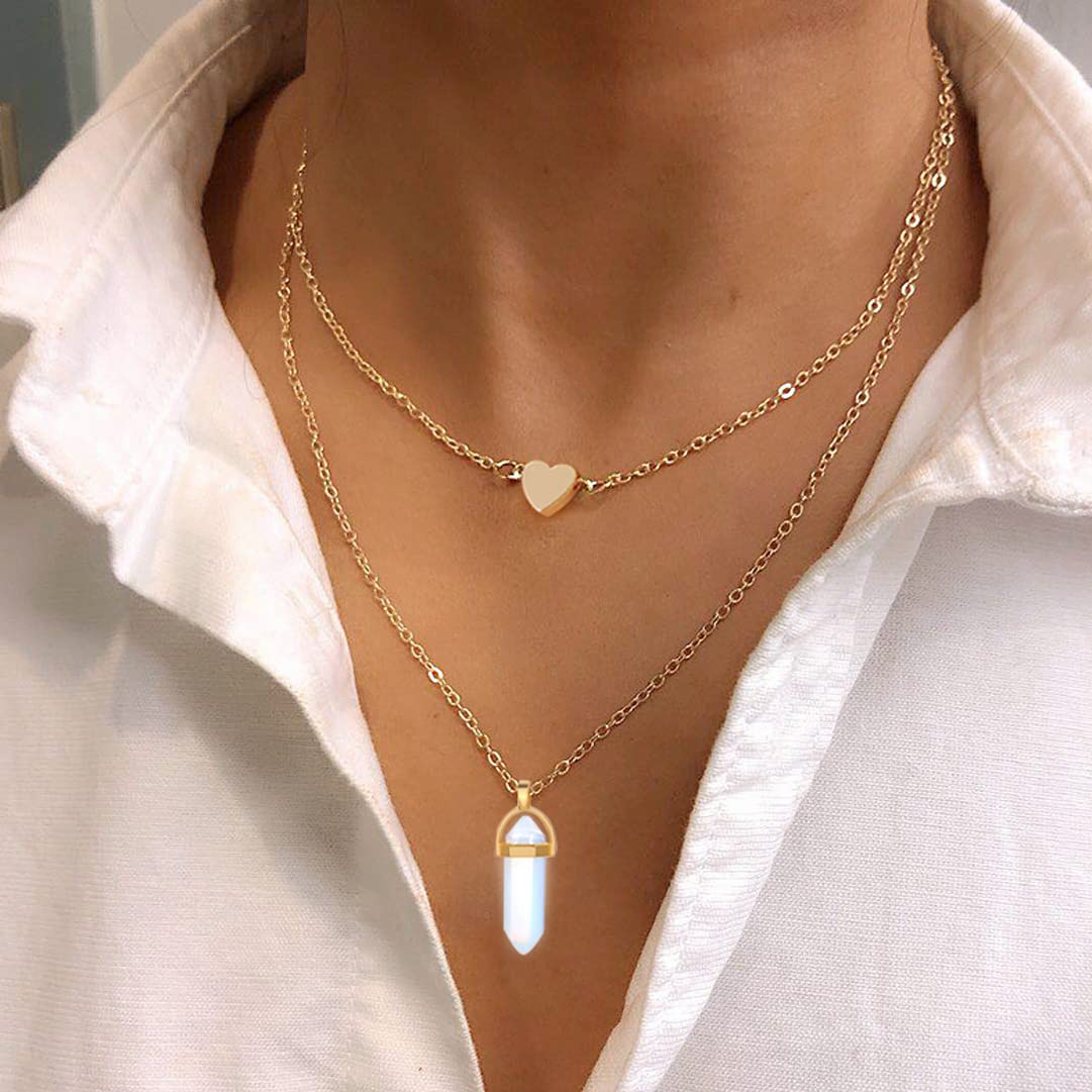 THJEW Natural Opalite Crystal Stone Bullet Pendant Necklace,Opal Crystal Layered Pendant Necklace,Natural Gemstone Pendant,Opal Crystal Jewelry, Yellow Gold, Opal