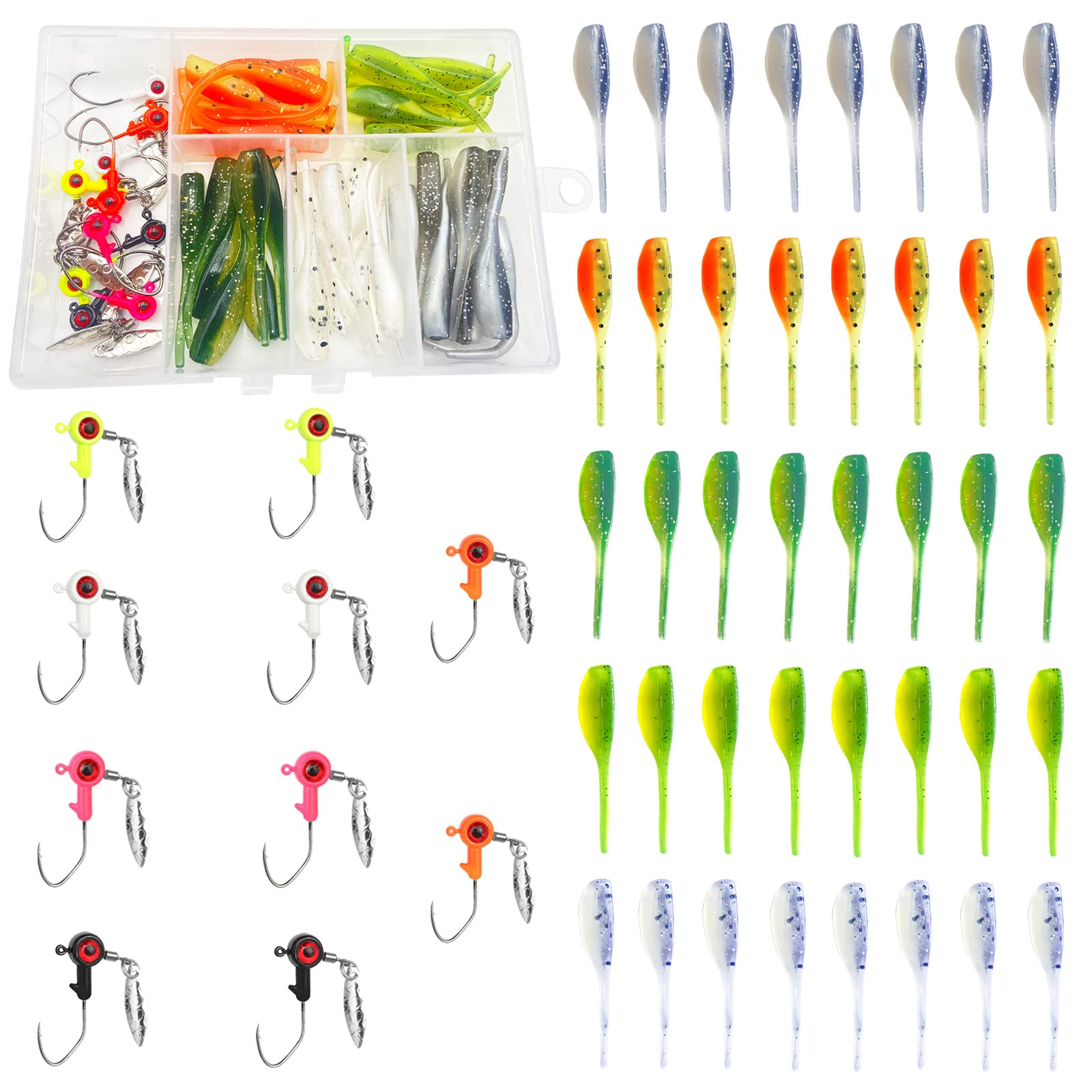 50Pcs Crappie Jigs Lure Set 2 inch Crappie Bait Crappie Jig Heads Hooks Fishing Lures for Crappie (B:10pcs 1/8oz jigs and 40pcs Lures)