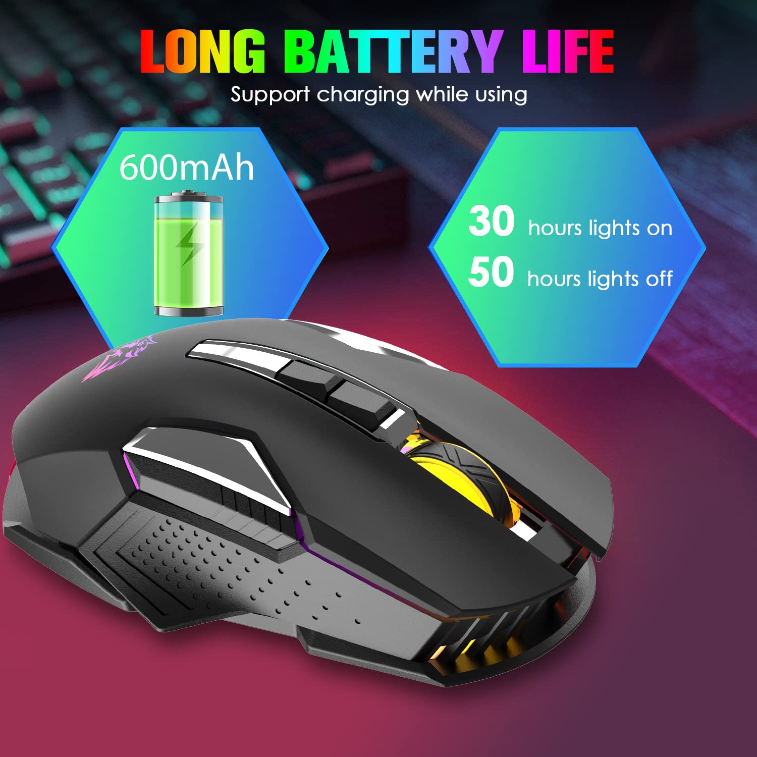 FELICON Wireless Gaming Mouse, Rechargeable Silent Click Adjustable DPI Optical Computer Mice, 2.4Ghz Wireless Mouse with Colorful LED Backlit for Windows/Mac/Linux/PC/Laptop(Star Black)