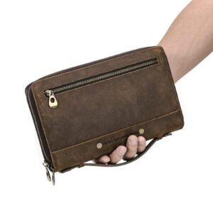 Crazy Horse Leather Men Clutch Hand Bags Genuine Leather Purse RFID Wallet Large Capacity Business Card Multifunction Zipper Handbag