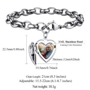 FindChic Customized Heart Locket Bracelet for Women with Picture Women Stainless Steel Mother Bracelets Adjustable Photo Printing Chunky Cable Chain Bracelet Best Friends Jewelry