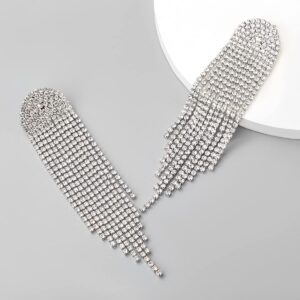 fxmimior Boho Rhinestones Tassels Statement Silver Earrings for Women Long Chain fashion for Wedding (Silver)