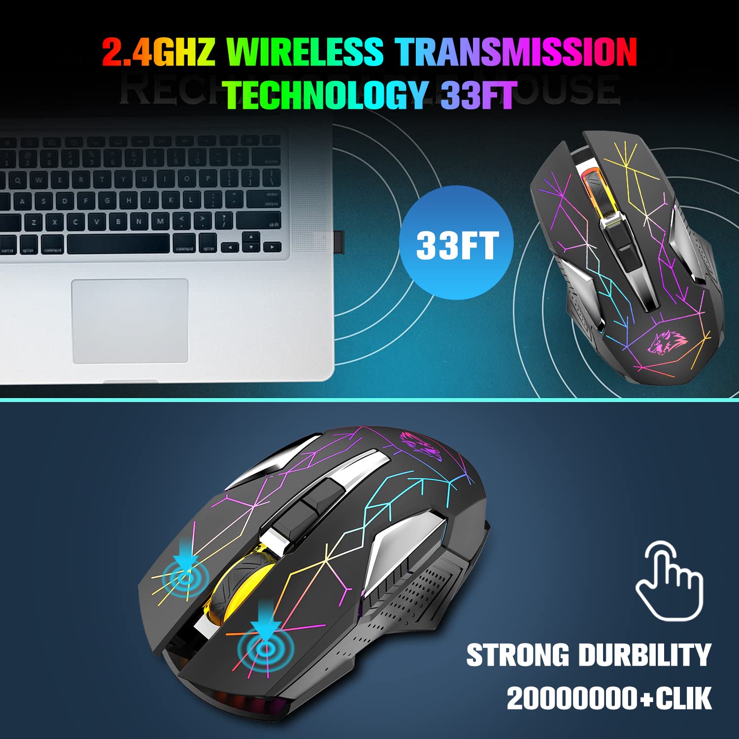 FELICON Wireless Gaming Mouse, Rechargeable Silent Click Adjustable DPI Optical Computer Mice, 2.4Ghz Wireless Mouse with Colorful LED Backlit for Windows/Mac/Linux/PC/Laptop(Star Black)