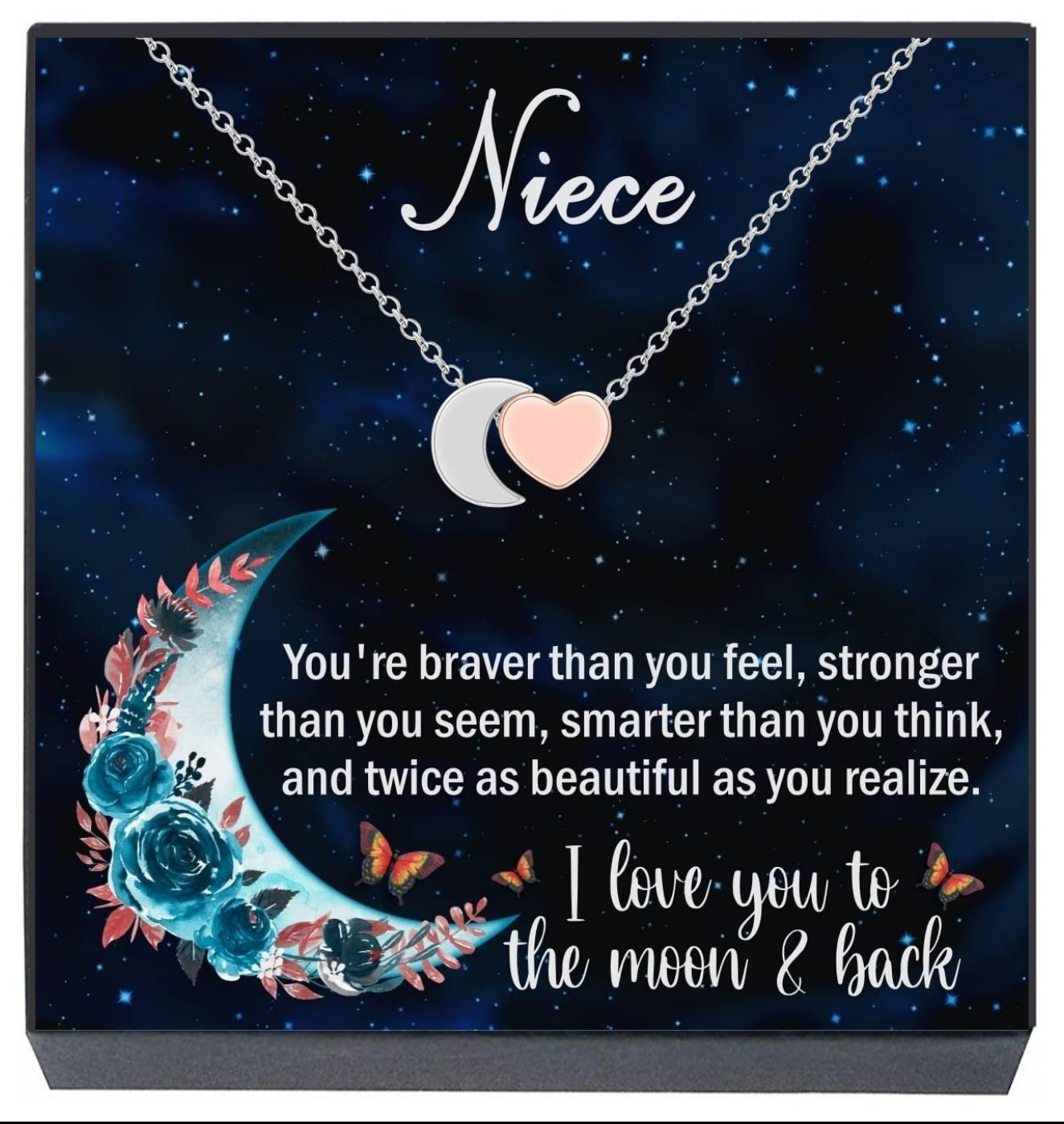 Niece Necklace, I Love You to The Moon and Back Heart & Moon Pendant Necklace, Sentimental Niece Jewelry Gifts Gifts from Aunt/Uncle, Metal, No Gemstone