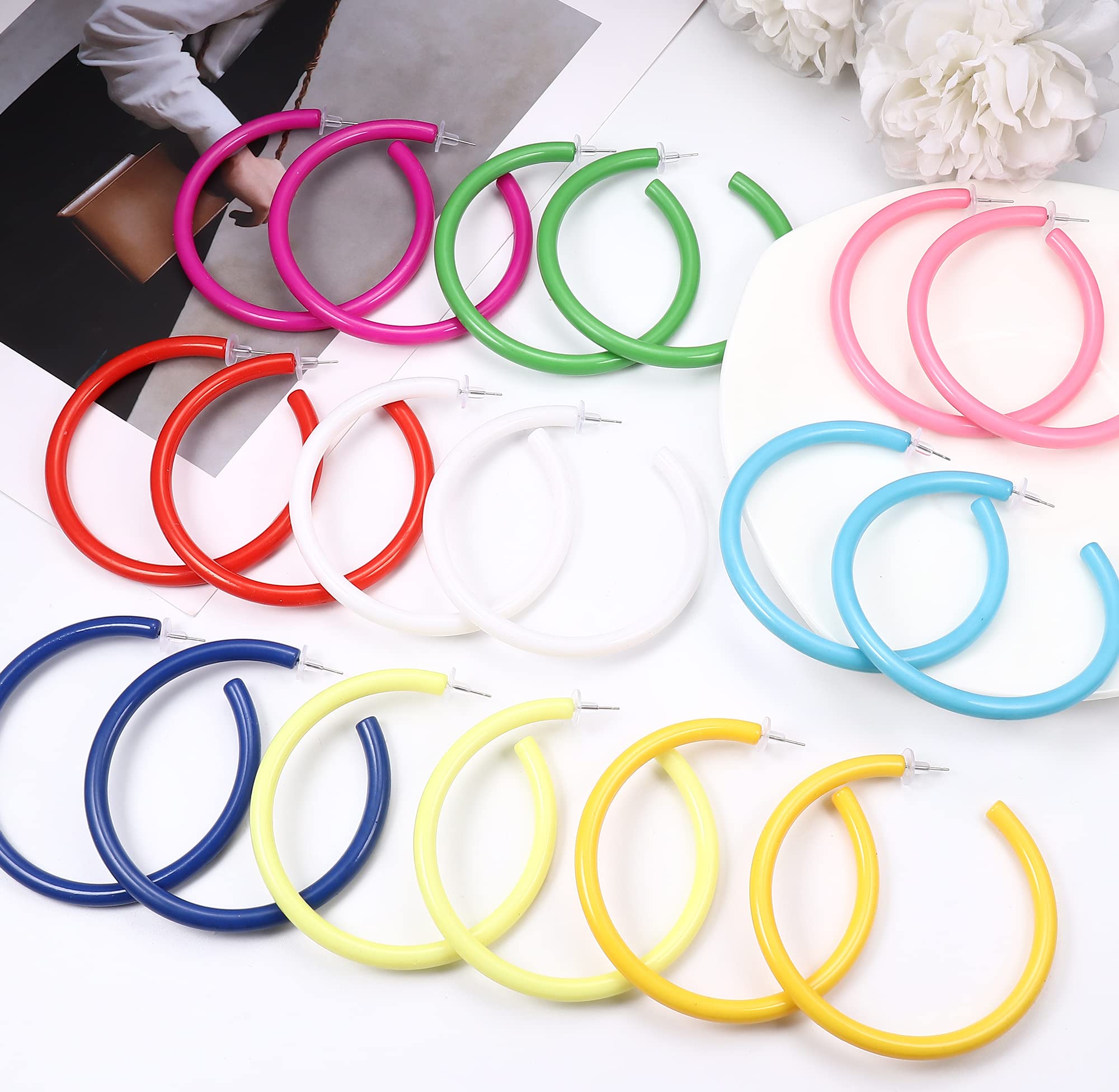 ORAZIO Colorful Big Hoop Earring 80s 90s Retro Earring For Women Acrylic Open Large Hoop Earrings C Shape Trendy Chunky Earrings Lightweight Statement Ear Jewelry 60 70 80mm