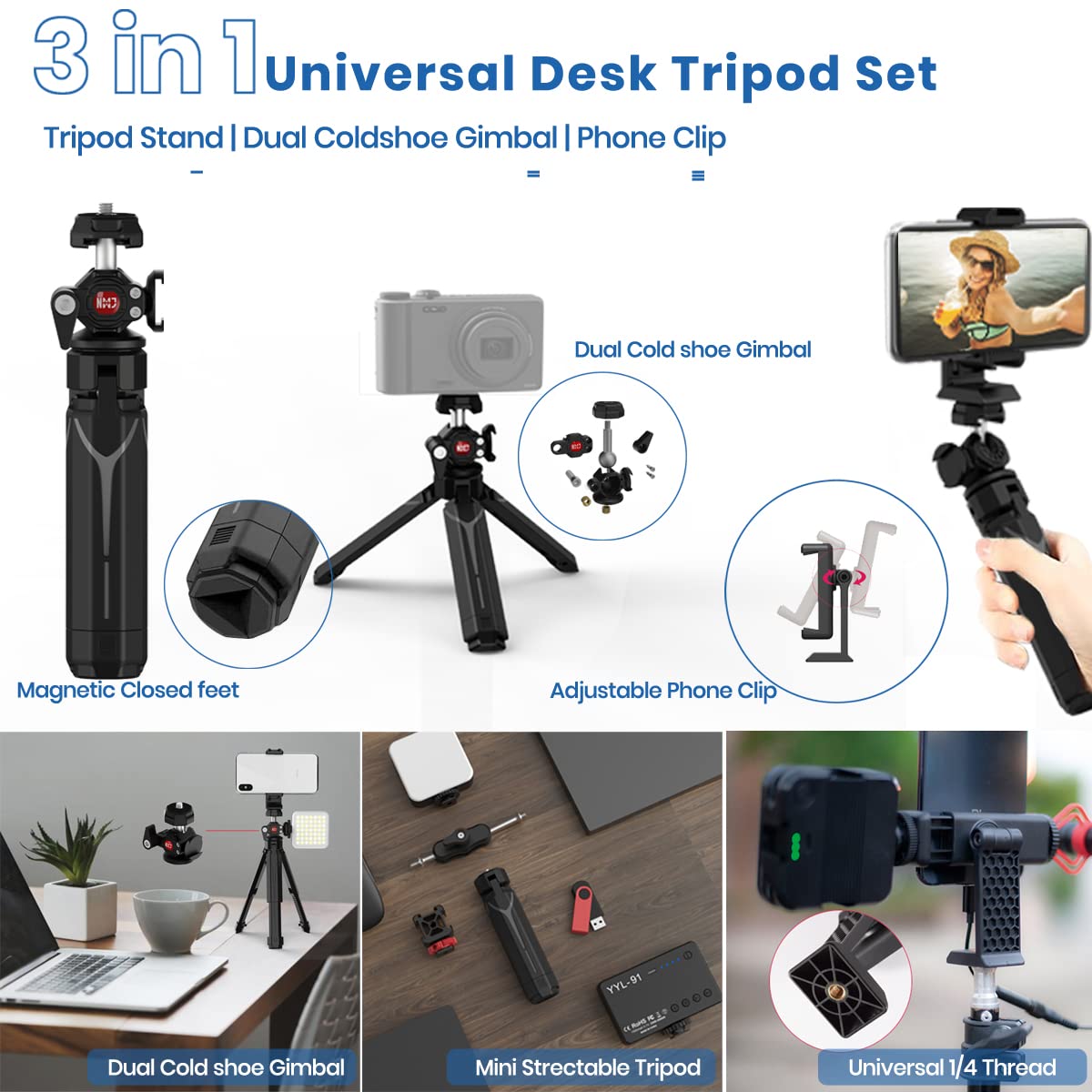 USTOPE Mini Tripod Tabletop Small Tripod Desktop Camera Stand Hand Tripod Mount for Camera Cell Phones Webcam Projector with Smartphone Clip