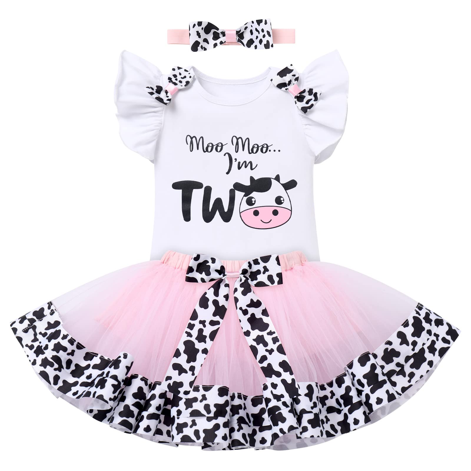 Kids Cake Smash Outfit Baby Girls baptism Christening Dedication Cows Farm Theme Princess Romper+Tutu Skirt+Headband 3PCS Clothes Set Fancy Dress Up Halloween Cosplay Costume Cows-Moo Moo I'm Two 2T