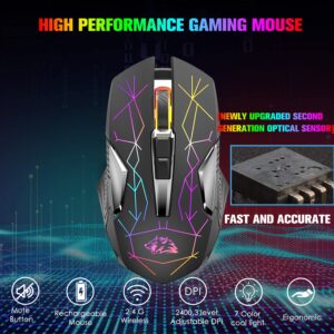 FELICON Wireless Gaming Mouse, Rechargeable Silent Click Adjustable DPI Optical Computer Mice, 2.4Ghz Wireless Mouse with Colorful LED Backlit for Windows/Mac/Linux/PC/Laptop(Star Black)