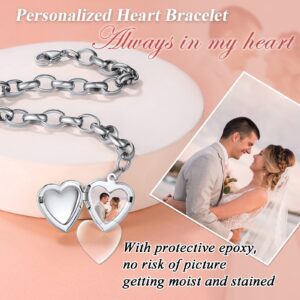 FindChic Customized Heart Locket Bracelet for Women with Picture Women Stainless Steel Mother Bracelets Adjustable Photo Printing Chunky Cable Chain Bracelet Best Friends Jewelry