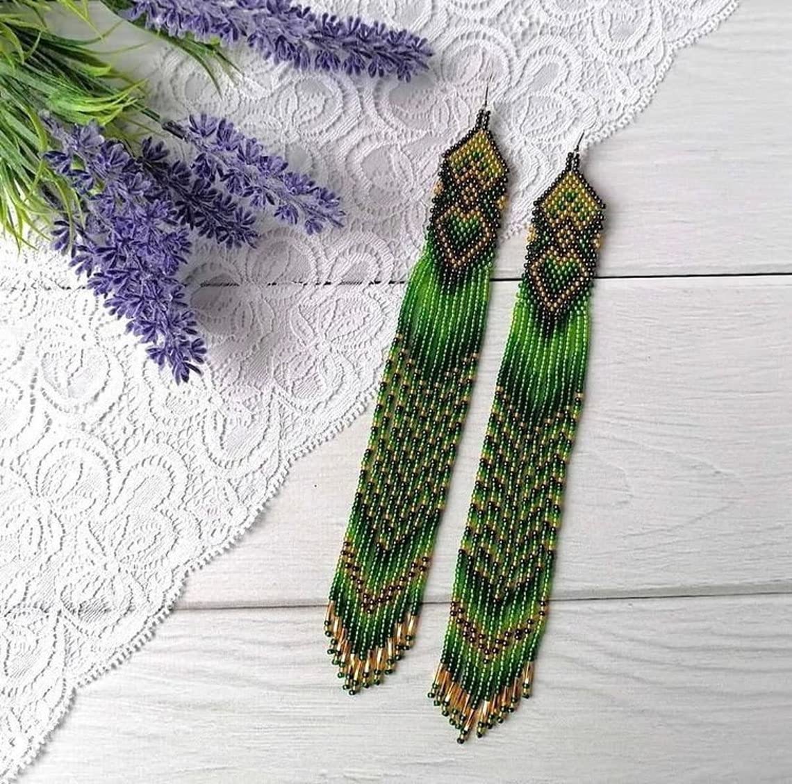 Long Beaded Tassel Earrings Unique Bohemian Bead Fringe Dangle Earrings Handmade Drop Tribal Earrings By BLUESTAR FASHION (Green)