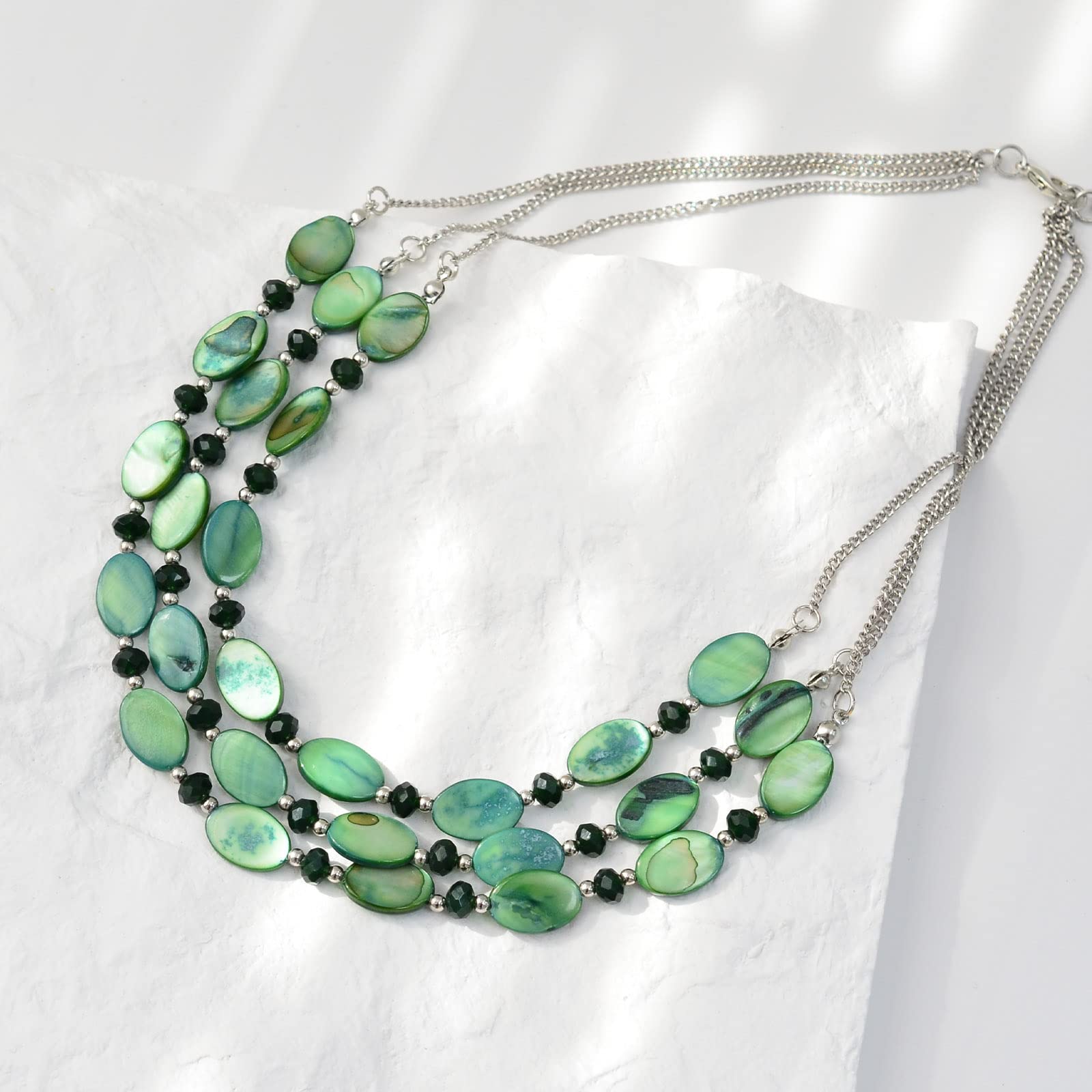 FULU AUTUMN Layered Beaded Necklaces for Women Chunky Statement Necklace Silver Chain Fashion Jewelry Gift for Her(Green)