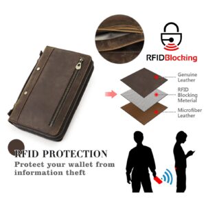 Crazy Horse Leather Men Clutch Hand Bags Genuine Leather Purse RFID Wallet Large Capacity Business Card Multifunction Zipper Handbag