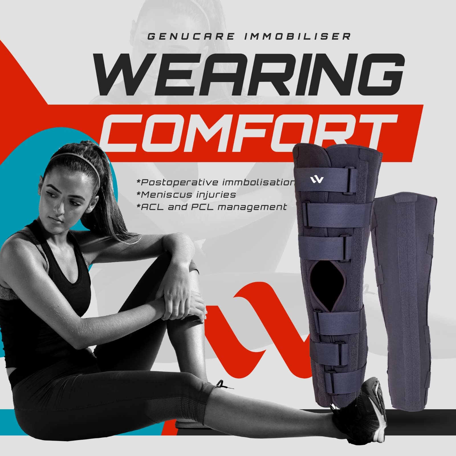 WEHR Genucare Knee Immobilizer – Professional Knee Brace for Post-Op Immobilization and Meniscus Injuries – Knee Support for Men and Women with Adjustable Hook and Loop Straps (Small)