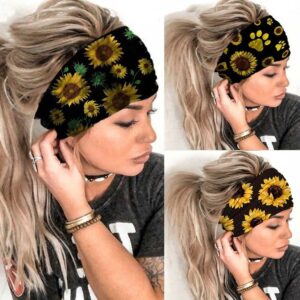 Catery Boho Headbands Stretch Head Bands Wide Turban Headwraps Yoga Headband Fashion Hair Bands for women and Girls Pack of 3 (A Sunflower)