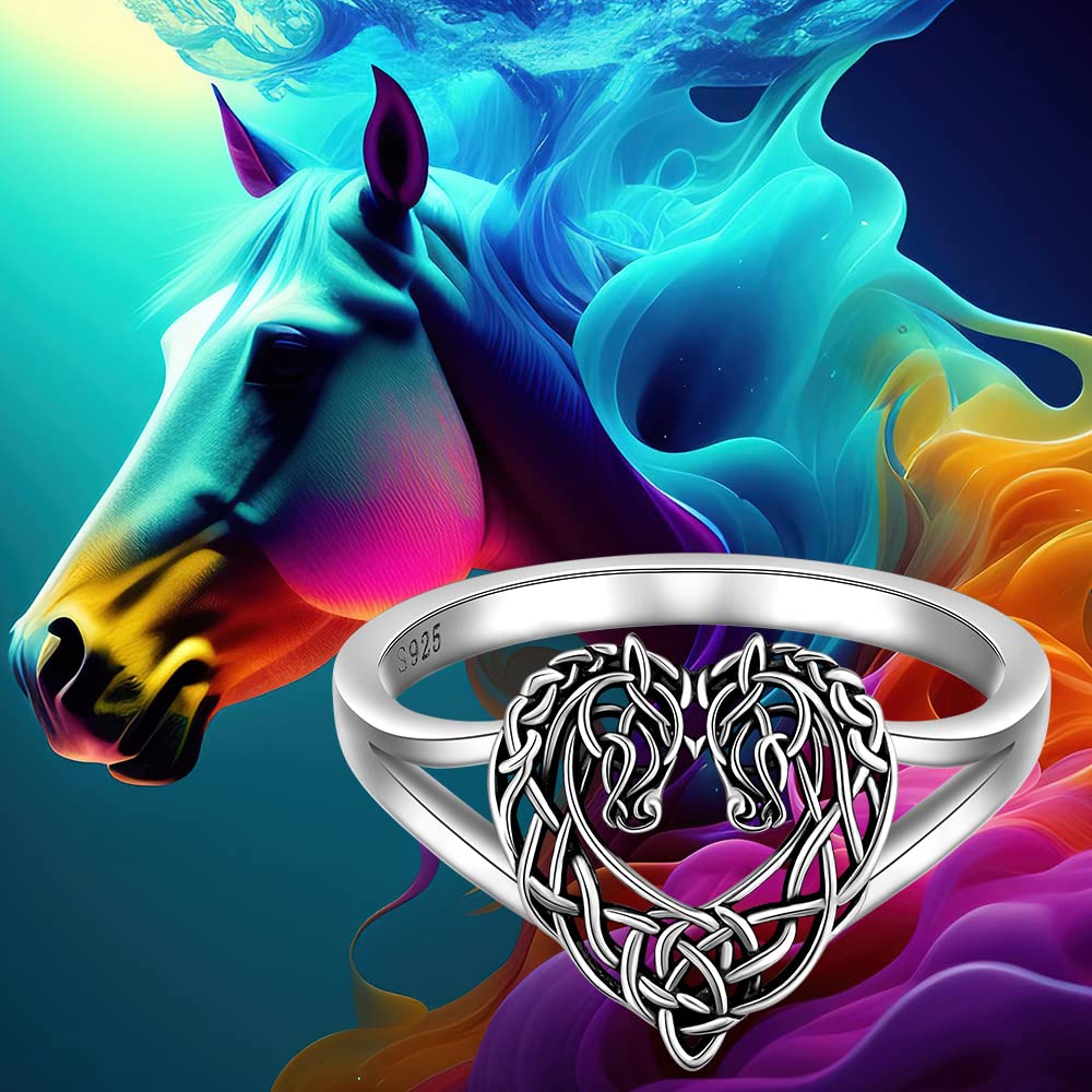 LOVGIFSET Celtic Horse Ring Celtic Knot Horse Wedding Rings for Women band Heart Sterling Silver Mustang Equestrian Jewelry Horses Lover Gifts Size 8