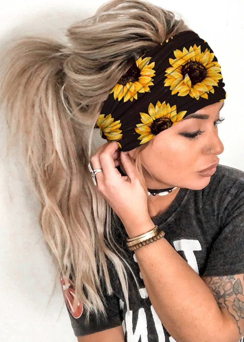 Catery Boho Headbands Stretch Head Bands Wide Turban Headwraps Yoga Headband Fashion Hair Bands for women and Girls Pack of 3 (A Sunflower)