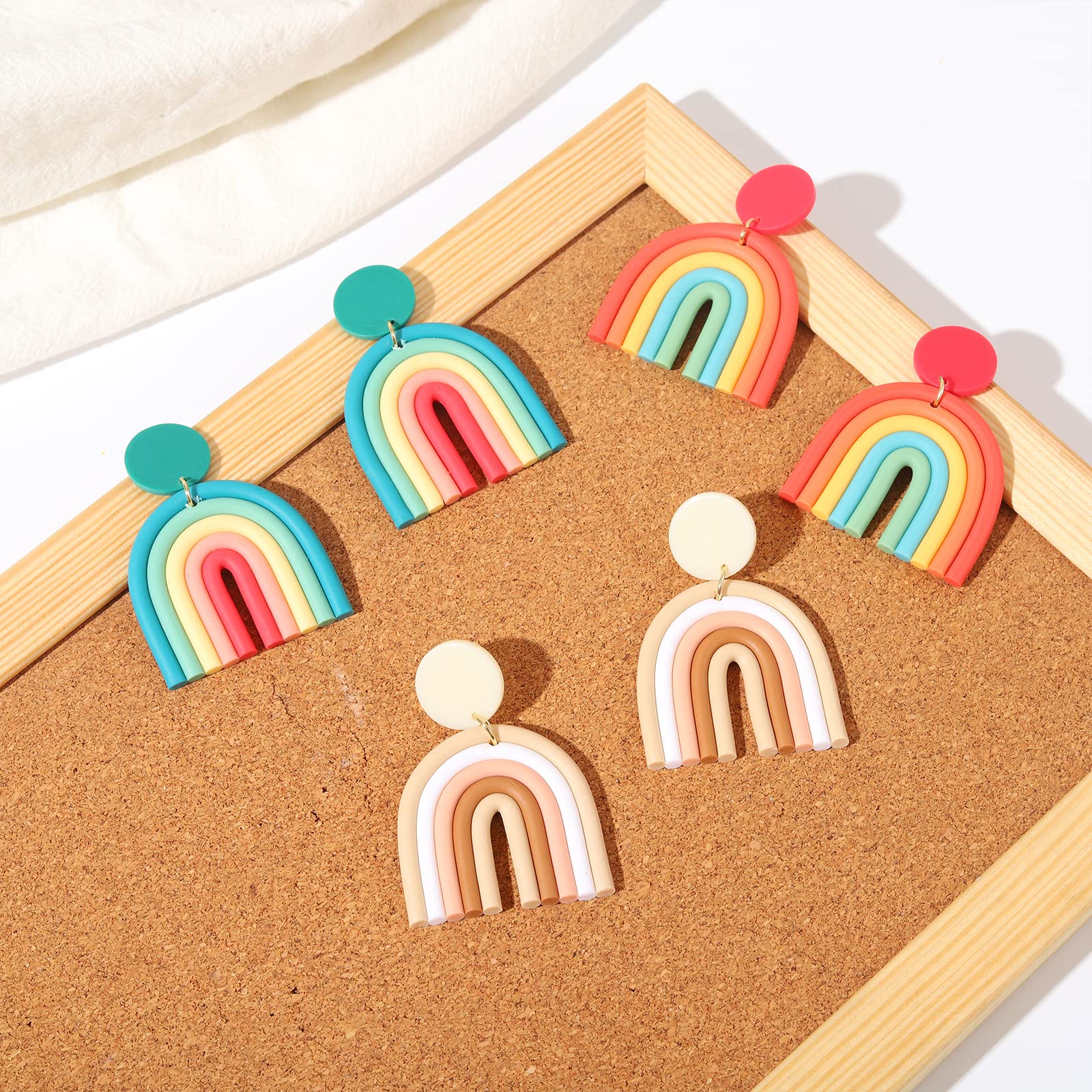 Bohemian Rainbow Earrings for Women Handmade Statement Earring Clay Dangle Earrings Colorful Ceramic Clay U Shape Earrings for Women Jewelry (3Pair Clay Earrings)