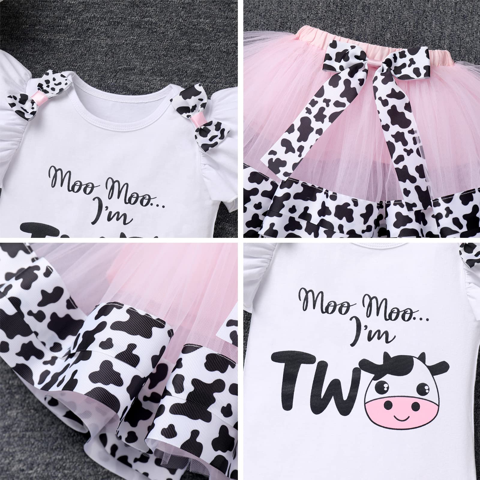 Kids Cake Smash Outfit Baby Girls baptism Christening Dedication Cows Farm Theme Princess Romper+Tutu Skirt+Headband 3PCS Clothes Set Fancy Dress Up Halloween Cosplay Costume Cows-Moo Moo I'm Two 2T