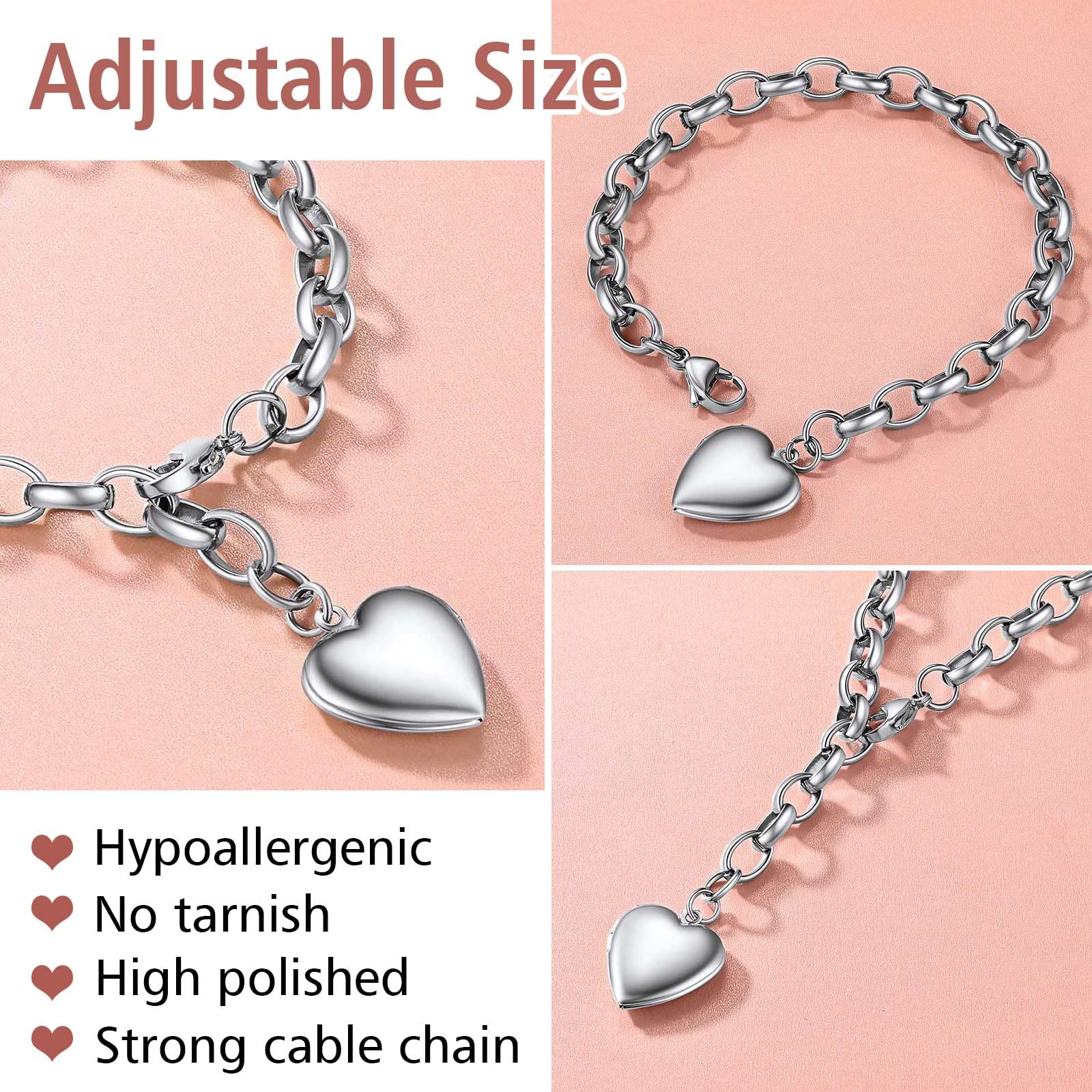 FindChic Customized Heart Locket Bracelet for Women with Picture Women Stainless Steel Mother Bracelets Adjustable Photo Printing Chunky Cable Chain Bracelet Best Friends Jewelry