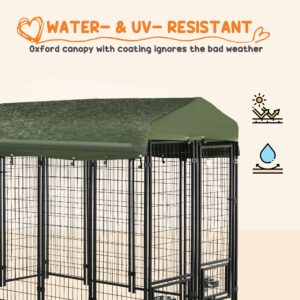 PawHut 8' x 4' x 6' Outdoor Dog Kennel with Rotating Bowl Holders, Walk-in Pet Playpen, Welded Wire Steel with Water and UV-Resistant Canopy, Green