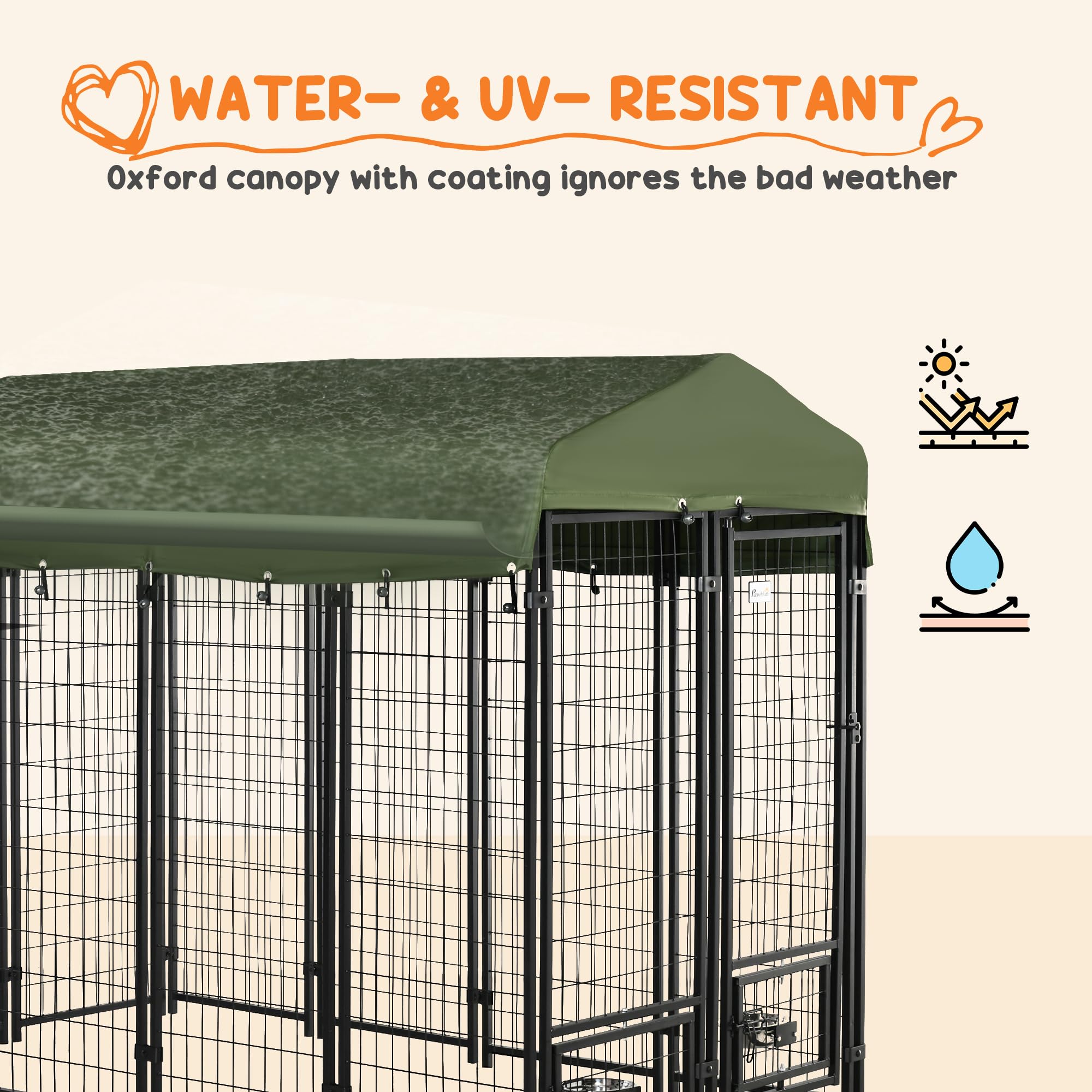 PawHut 8' x 4' x 6' Outdoor Dog Kennel with Rotating Bowl Holders, Walk-in Pet Playpen, Welded Wire Steel with Water and UV-Resistant Canopy, Green