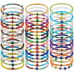 Kigeli 48 Pcs Beaded Evil Eye Bracelet Handmade Religious Protection Bracelet Elastic Lucky Turkish Jewelry Good Luck Nazar Amulet Bangle for Women Men Teens