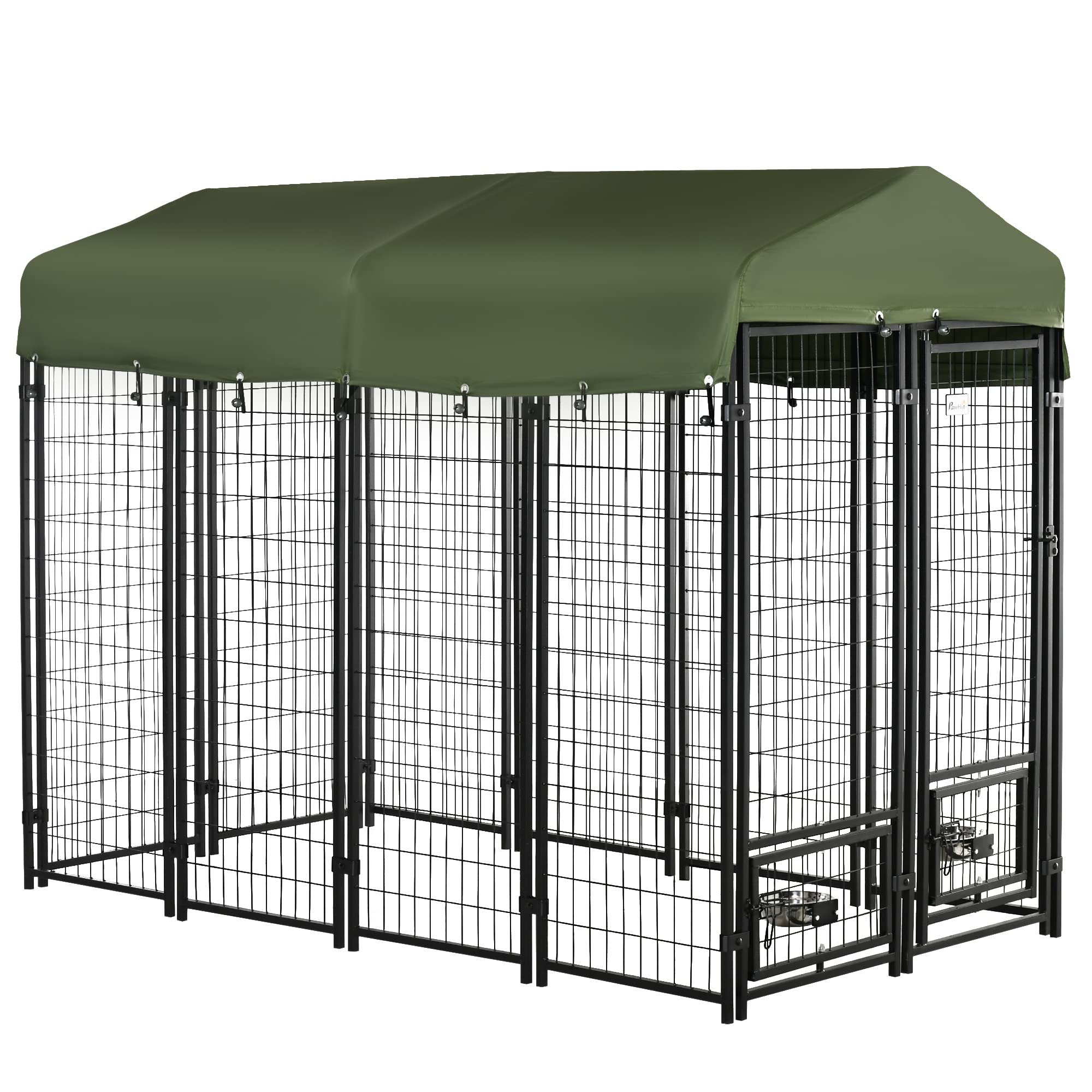 PawHut 8' x 4' x 6' Outdoor Dog Kennel with Rotating Bowl Holders, Walk-in Pet Playpen, Welded Wire Steel with Water and UV-Resistant Canopy, Green