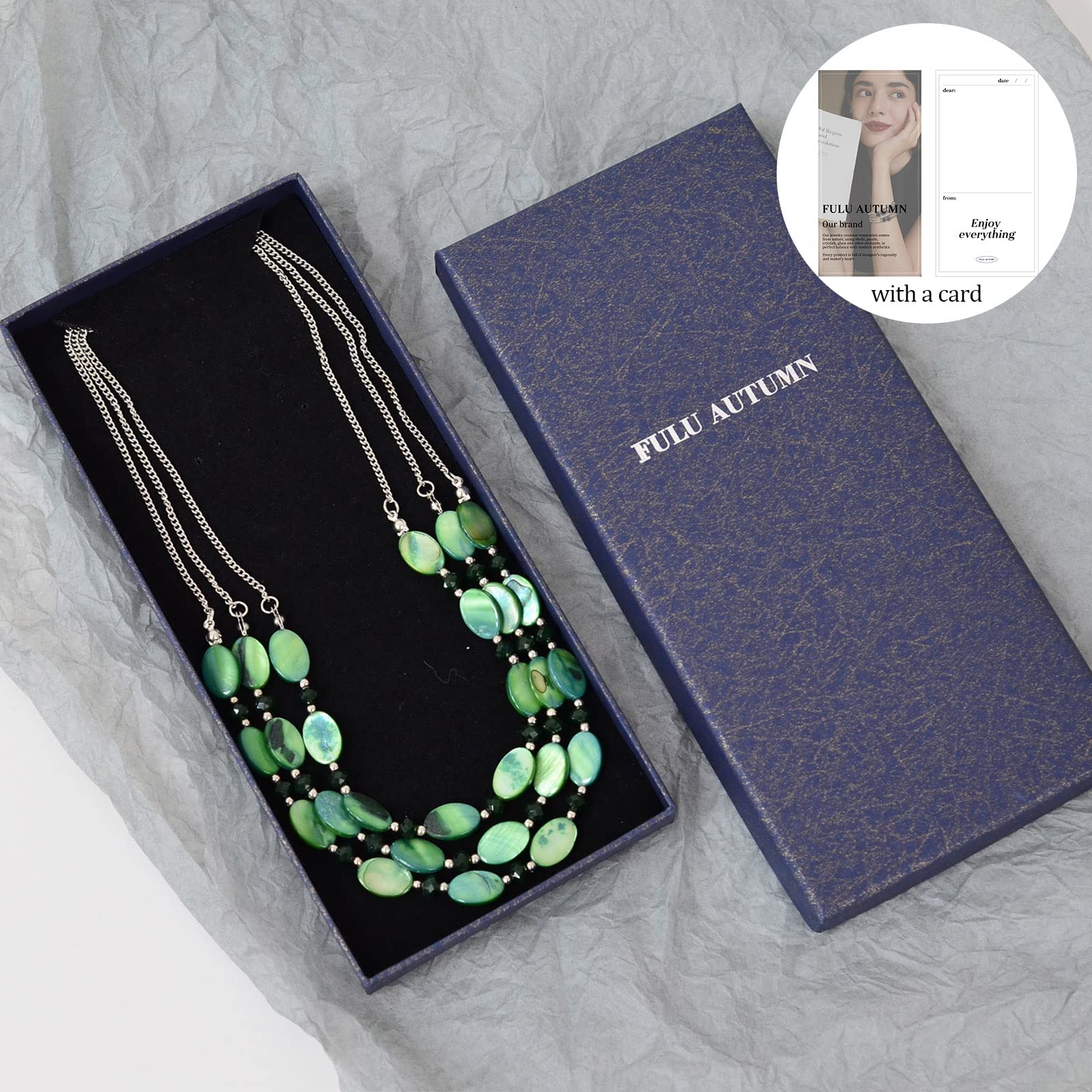 FULU AUTUMN Layered Beaded Necklaces for Women Chunky Statement Necklace Silver Chain Fashion Jewelry Gift for Her(Green)