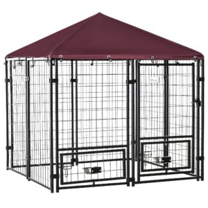 PawHut 5' x 5' x 5' Outdoor Dog Kennel with Rotating Bowl Holders, Walk-in Pet Playpen, Welded Wire Steel with Water and UV-Resistant Canopy, Red