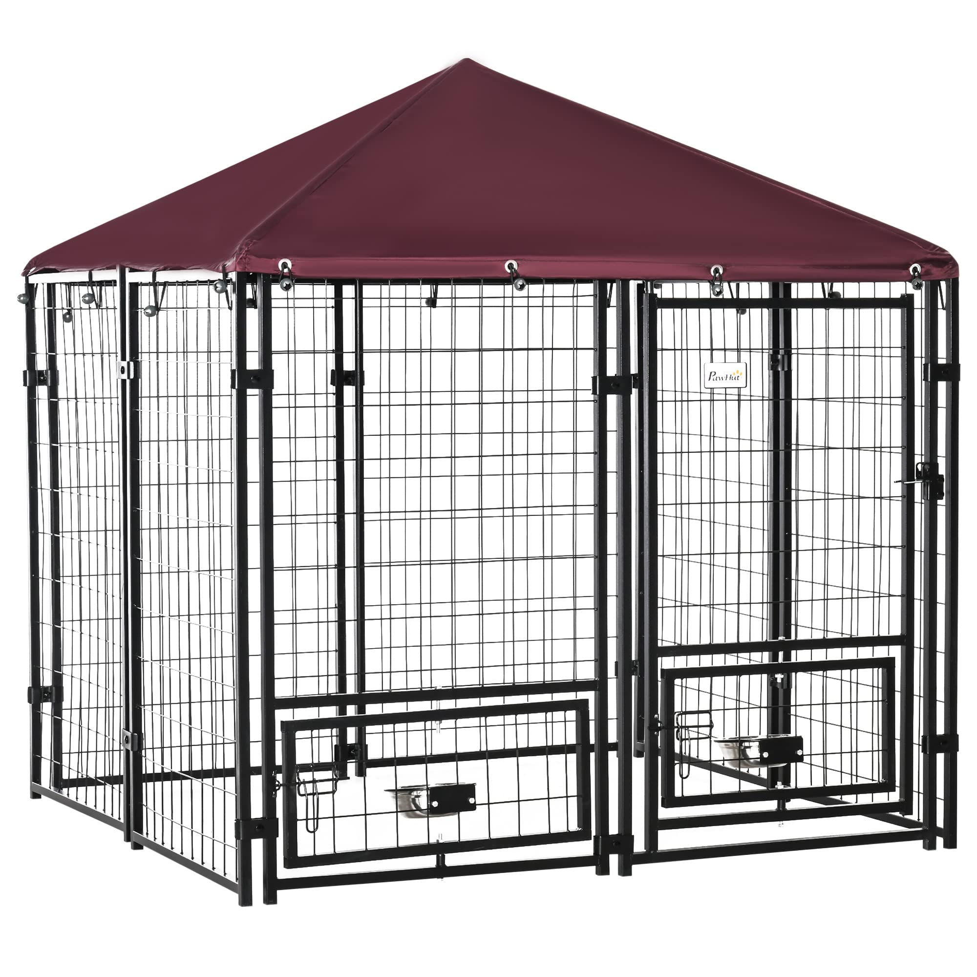 PawHut 5' x 5' x 5' Outdoor Dog Kennel with Rotating Bowl Holders, Walk-in Pet Playpen, Welded Wire Steel with Water and UV-Resistant Canopy, Red