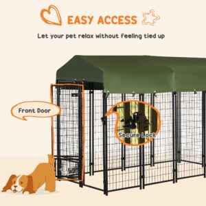 PawHut 8' x 4' x 6' Outdoor Dog Kennel with Rotating Bowl Holders, Walk-in Pet Playpen, Welded Wire Steel with Water and UV-Resistant Canopy, Green