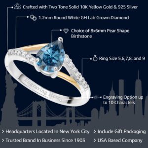 Gem Stone King 925 Silver and 10K Yellow Gold 8X6MM Pear Shape Gemstone Birthstone and White Lab Grown Diamond Engagement Ring For Women | Available In Size 5, 6, 7, 8, 9