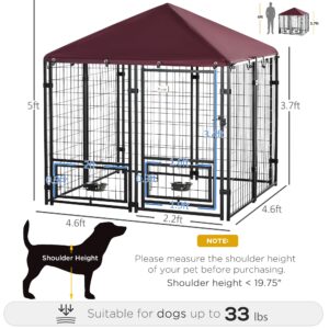 PawHut 5' x 5' x 5' Outdoor Dog Kennel with Rotating Bowl Holders, Walk-in Pet Playpen, Welded Wire Steel with Water and UV-Resistant Canopy, Red