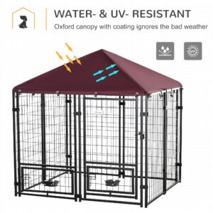 PawHut 5' x 5' x 5' Outdoor Dog Kennel with Rotating Bowl Holders, Walk-in Pet Playpen, Welded Wire Steel with Water and UV-Resistant Canopy, Red