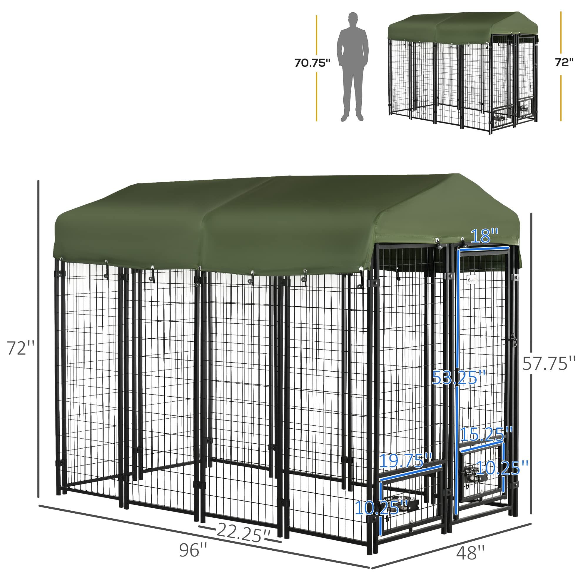 PawHut 8' x 4' x 6' Outdoor Dog Kennel with Rotating Bowl Holders, Walk-in Pet Playpen, Welded Wire Steel with Water and UV-Resistant Canopy, Green