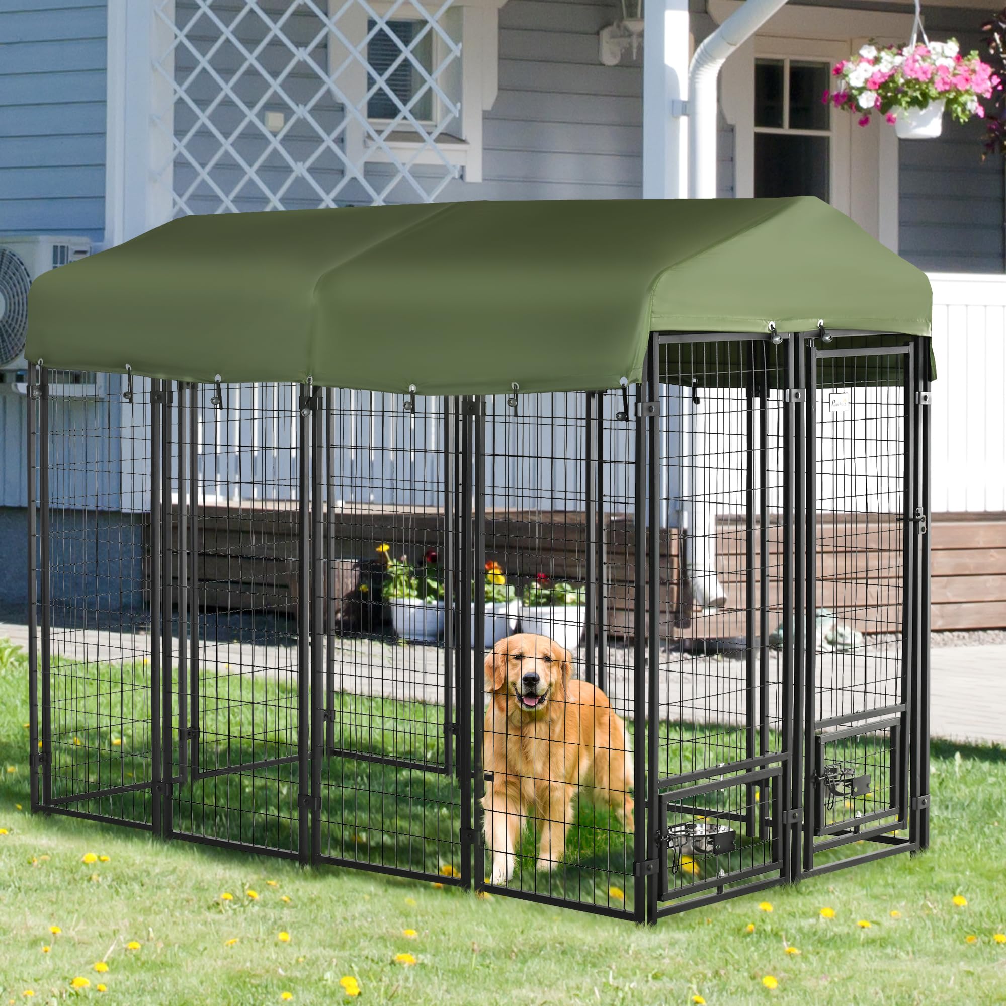 PawHut 8' x 4' x 6' Outdoor Dog Kennel with Rotating Bowl Holders, Walk-in Pet Playpen, Welded Wire Steel with Water and UV-Resistant Canopy, Green