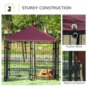 PawHut 5' x 5' x 5' Outdoor Dog Kennel with Rotating Bowl Holders, Walk-in Pet Playpen, Welded Wire Steel with Water and UV-Resistant Canopy, Red