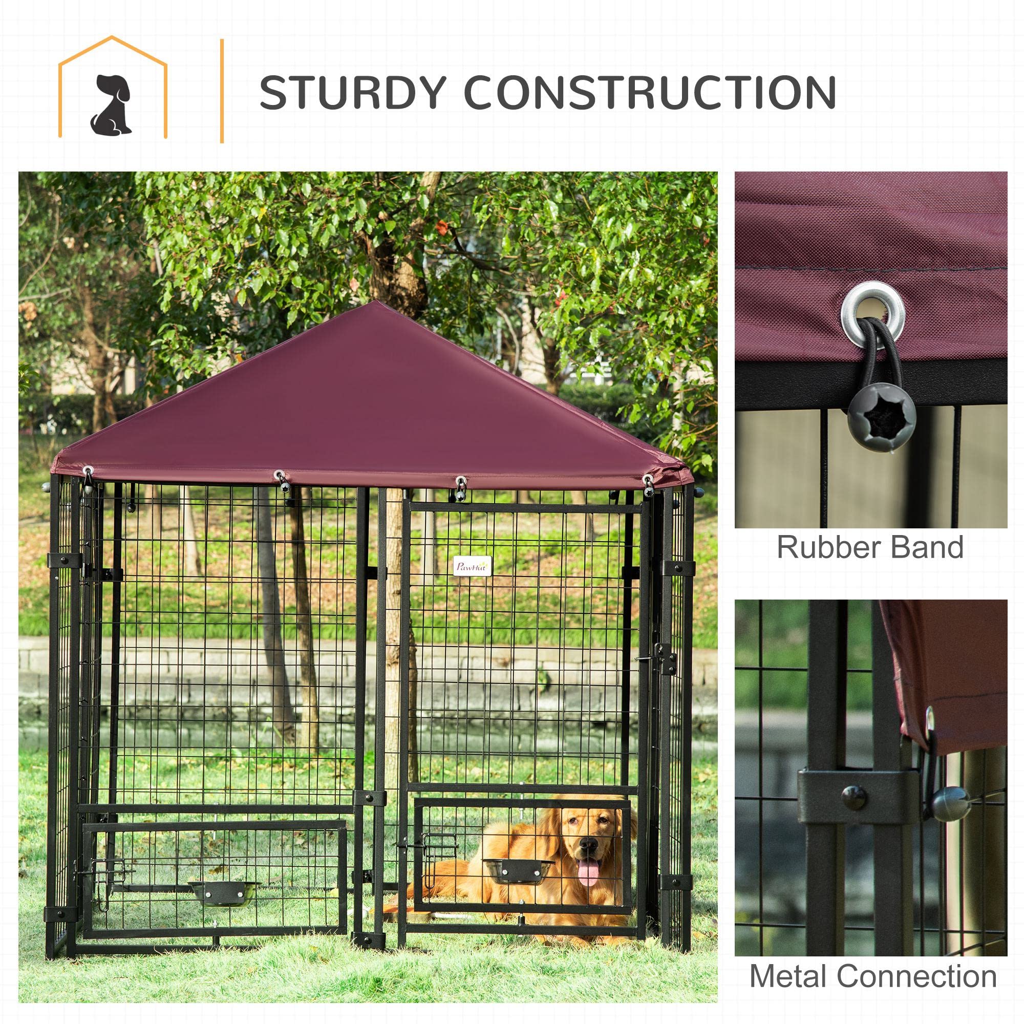 PawHut 5' x 5' x 5' Outdoor Dog Kennel with Rotating Bowl Holders, Walk-in Pet Playpen, Welded Wire Steel with Water and UV-Resistant Canopy, Red