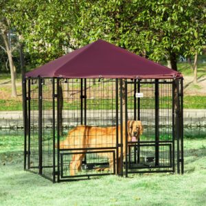 PawHut 5' x 5' x 5' Outdoor Dog Kennel with Rotating Bowl Holders, Walk-in Pet Playpen, Welded Wire Steel with Water and UV-Resistant Canopy, Red