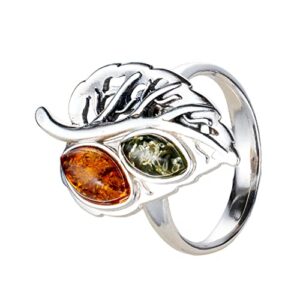 HolidayGiftShops Sterling Silver and Baltic Amber Leaf Adult Ring- Size 8