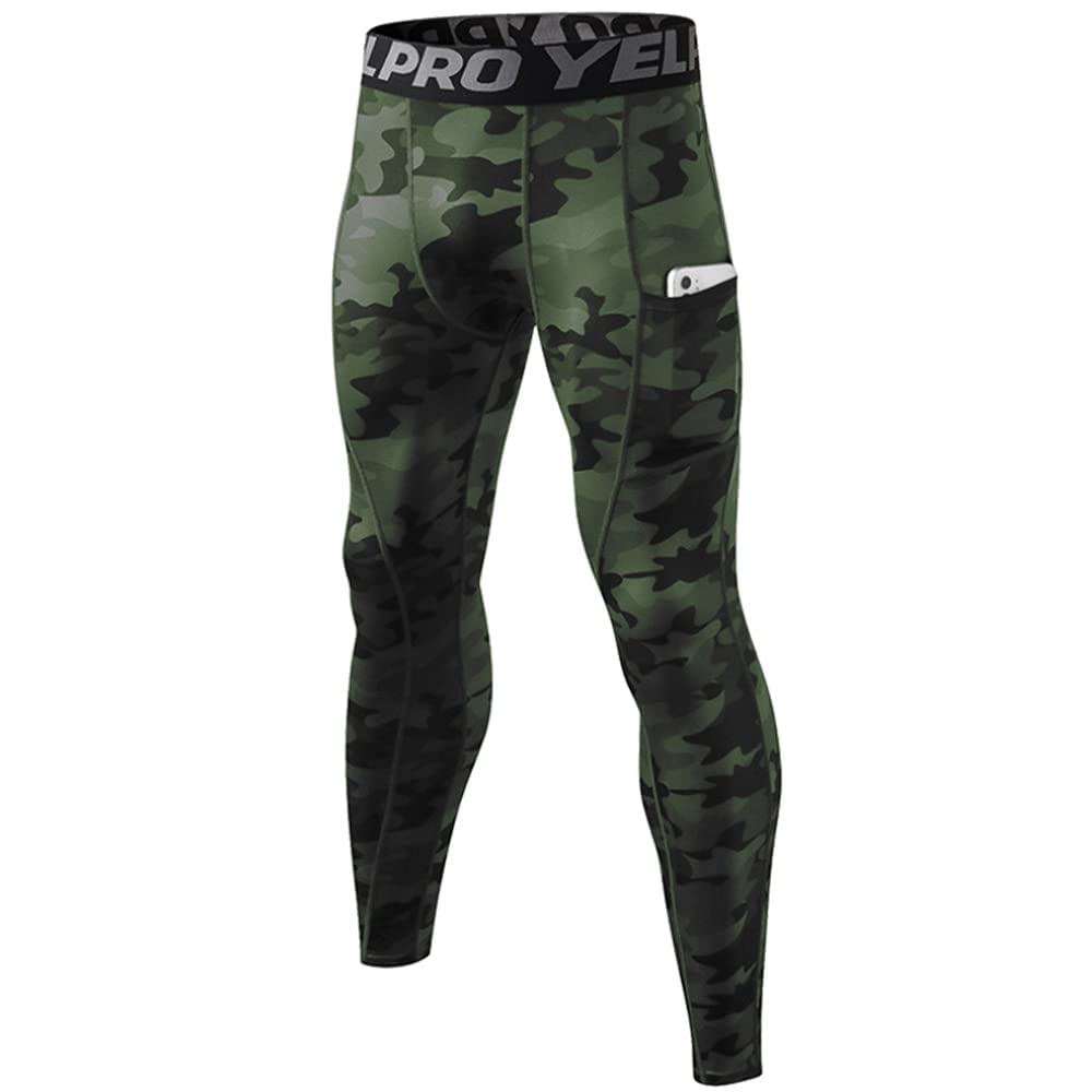 Yuerlian 1 Pack Men's Compression Pants Running Tights Workout Leggings Cool Dry Yoga Gym Pants with Pocket Camo Green