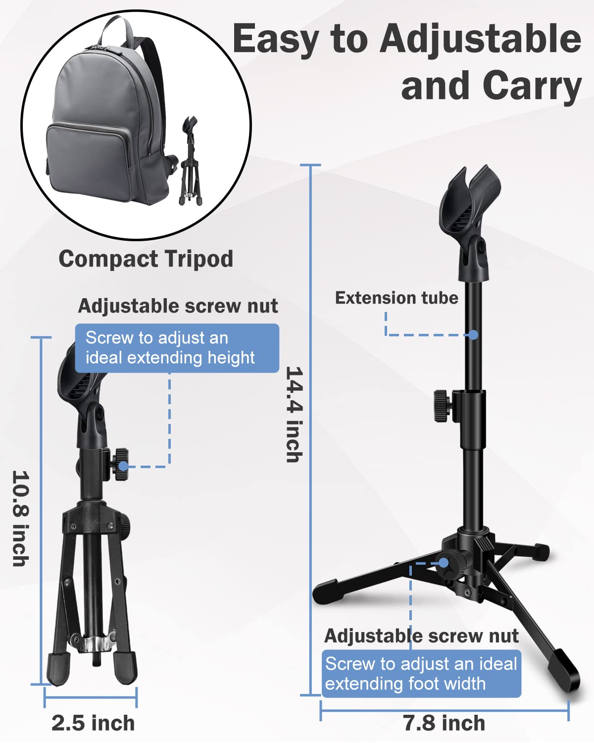 Mictop 2 Pack Desktop Mic Stand, Portable Foldable Tripod with Mic Clip Holder, Adjustable Microphone Stand For Dynamic Microphone.