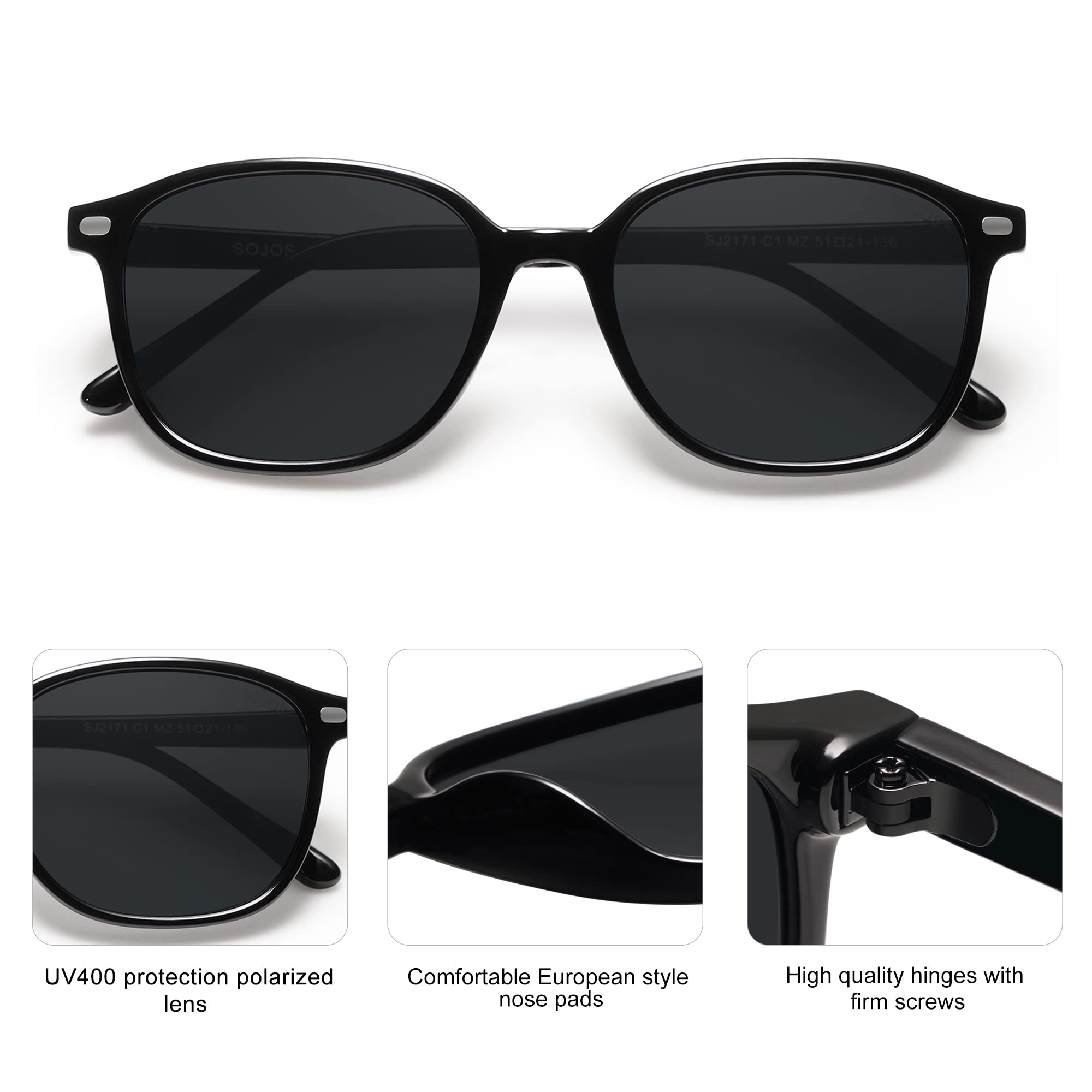 SOJOS Trendy Square Polarized Sunglasses for Women Men Classic Retro UV Protection Unisex Sunnies SJ2171 with Black Frame/Grey Lens