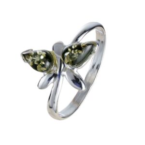 HolidayGiftShops Sterling Silver and Baltic Green Amber Butterfly Adult Ring- Size 6