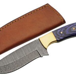 SZCO Supplies 9" Opal Blue Wood Handled Damascus Steel Drop Point Outdoor Hunting Knife With Sheath