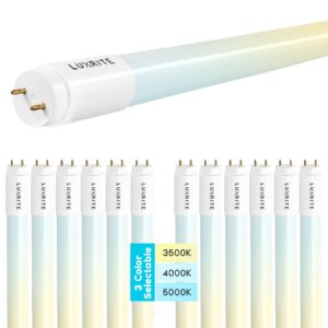 luxrite 12-pack 4ft t8 led tube light, type a+b, 18w=32w, 3 colors 3500k | 4000k | 5000k, single and double end powered, plug and play or ballast bypass, 2340 lumens, f32t8, frosted cover, ul, dlc